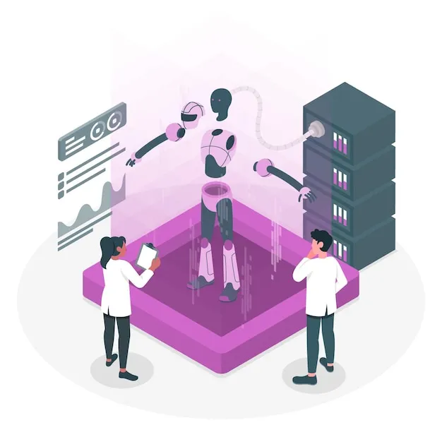 Illustration showing AI and machine learning concepts integrated with web development, featuring code, neural networks, and digital interface elements.