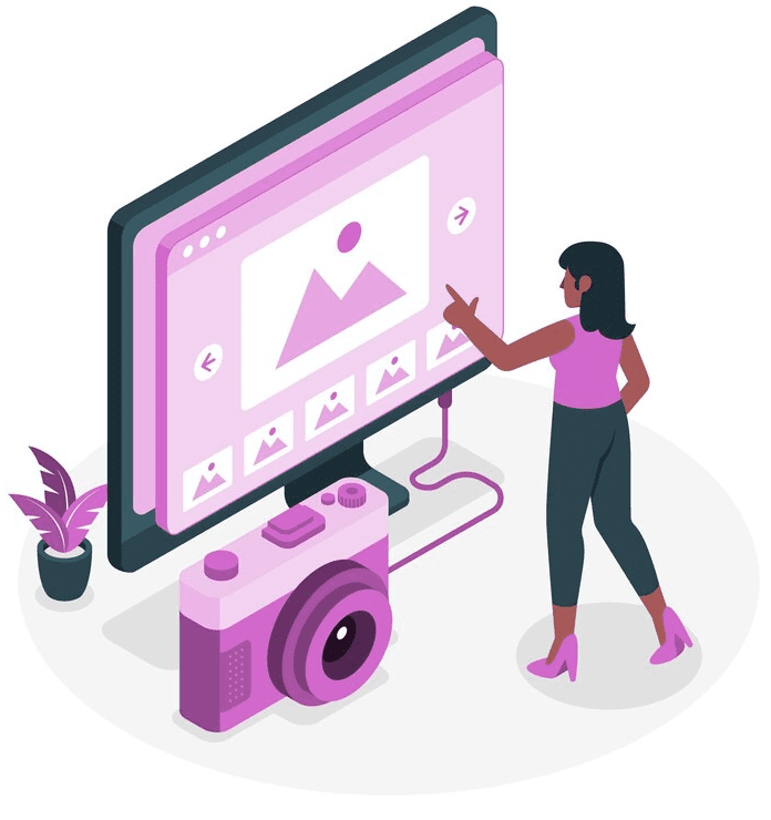 Illustration of image and multimedia optimization process with speed and quality icons.