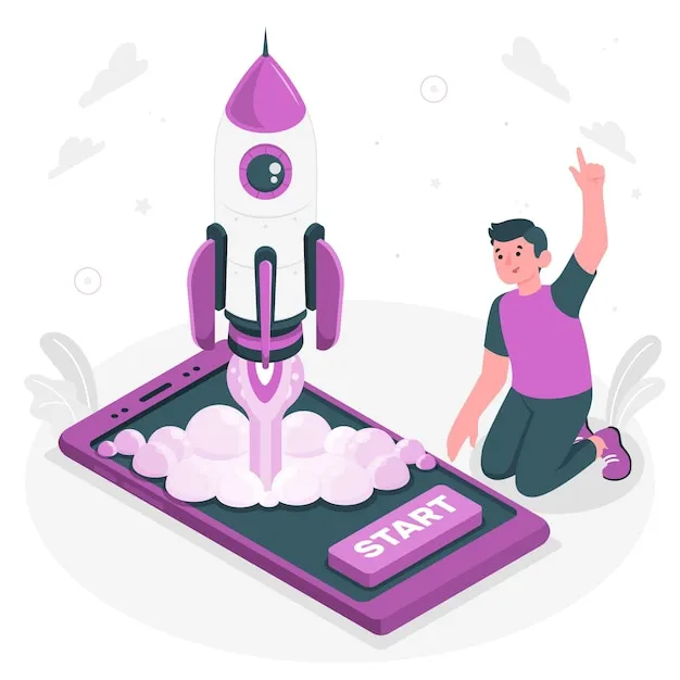 Illustration of launching a website with modern tools and strategies for online success.