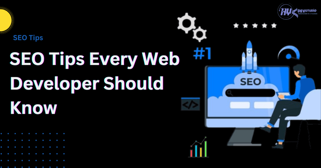 Illustration of a web developer working on SEO optimization with charts and code on screen.