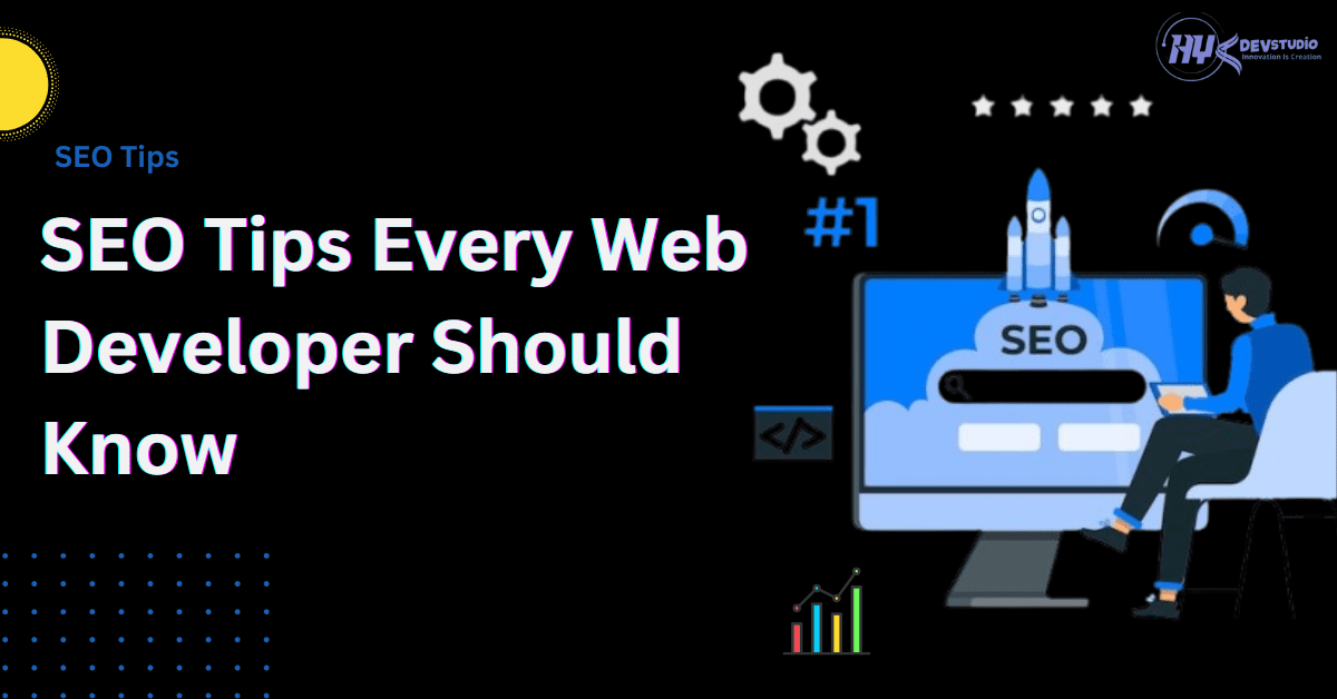 Illustration of a web developer working on SEO optimization with charts and code on screen.