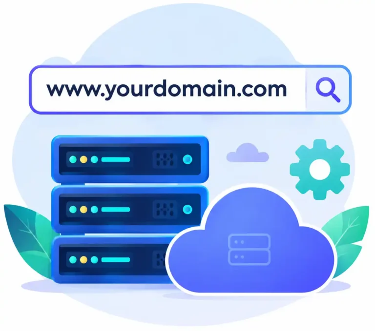 Illustration explaining domain names and web hosting for a new website