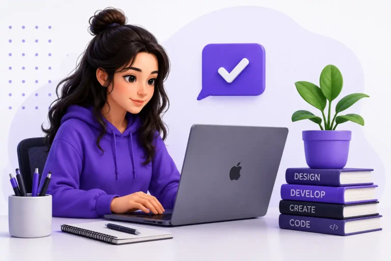Female web developer working on laptop